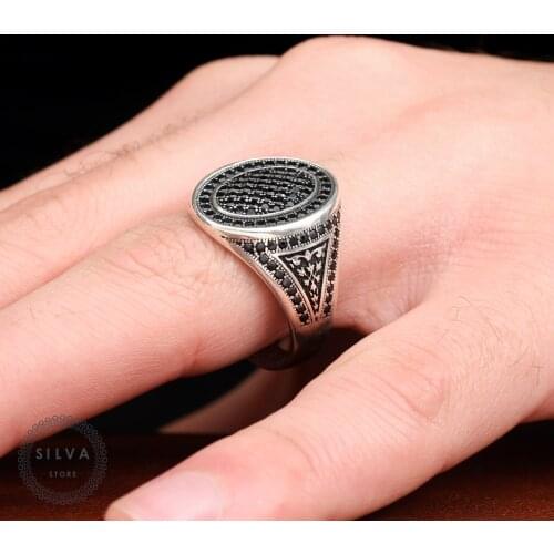 Original Sterling 925 Silver Mens ring With Black Zircon Stones. Mens Jewelry All Sizes Are Available