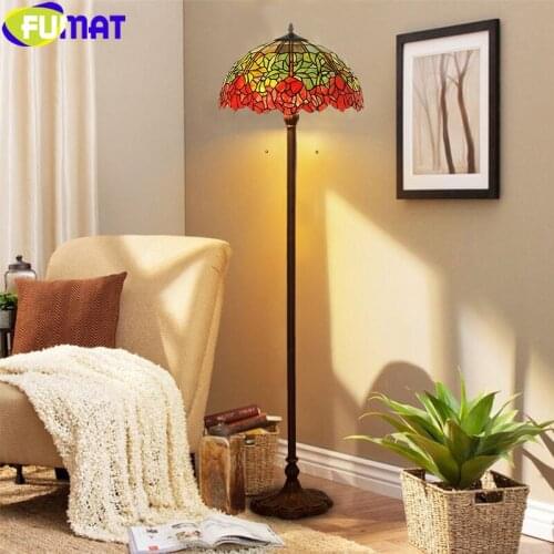FUMAT Floor Lamp Tiffany Style Rose Flower Bouquet Stained Glass Colorful Shape Alloy Copper Frame Light Luxury Art Handcraft