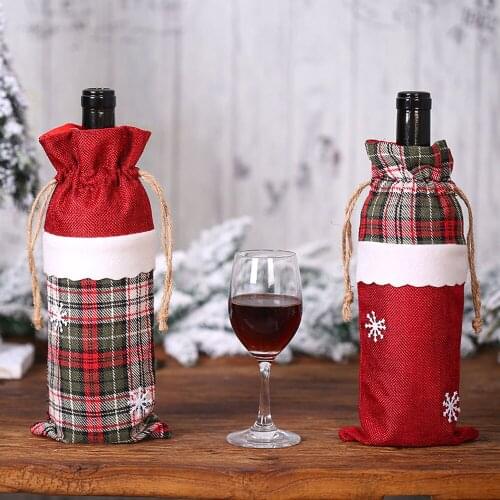 New Christmas decorations linen wine set Europe and America Christmas gift lattice wine bottle bag Plaid wine setS AA047