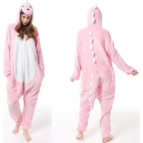 Pink Dinosaur Unisex Adult One-Piece Pajamas Cosplay Cartoon Animal Sleepwear Kids Pyjamas Flannel Christmas Halloween Costume