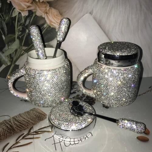 Sparkling Coffee Mug with Lid Ceramic Crystal Rhinestones Tumbler Cup Long Distance Relationship Gifts Milk Water Cups Cute