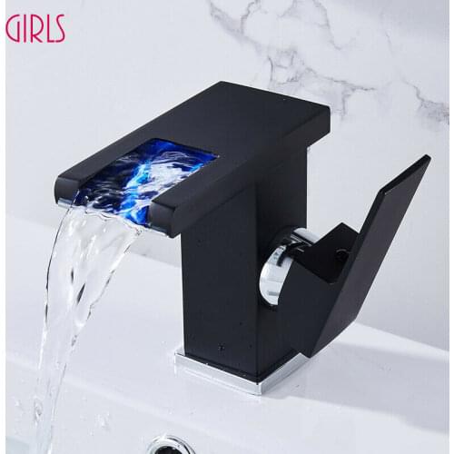 LED Waterfall Kitchen Bathroom Basin Faucet Temperature Color Change Sink Taps
