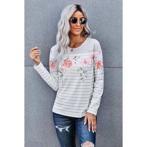 Floral Striped Print Long Sleeve Top Cotton Blend Fabric Long Sleeve Round Neckline and Hemline T Shirts for Women Full Sleeve