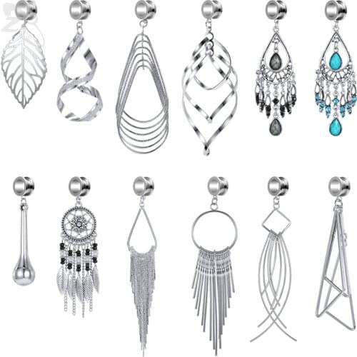 ZS 5-10mm Dream Catcher Bohemian Ear Tunnel Stainless Steel Ear Plug and Tunnel Tassels Drop Ear Expander Ear Piercing for Women