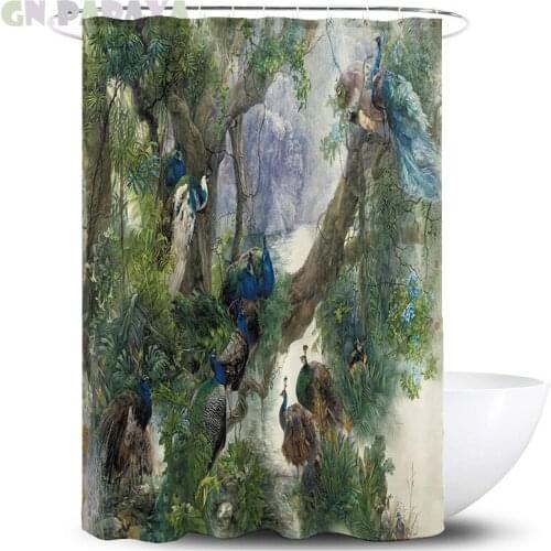 Tropical plant peacock macrame Bath Curtains Waterproof Polyester Fabric retro red Shower Curtains Screen with Hooks Accessories