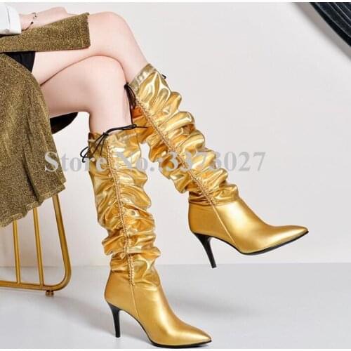 New Design Stiletto Heel Pleated Knee High Boots Women Fashion Poined Toe Black Gold Silver White Leather Ladies Long Boots