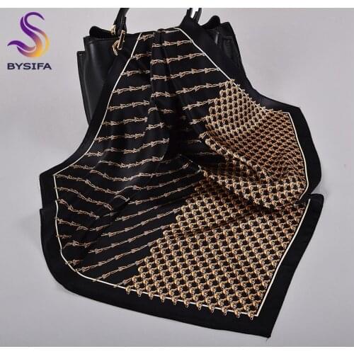 [BYSIFA] Brand Black Coffee Women Silk Scarf Printed Fashion Chain Pure Silk Scarves 53*53cm Ladies Neck Scarf Headband Ribbons