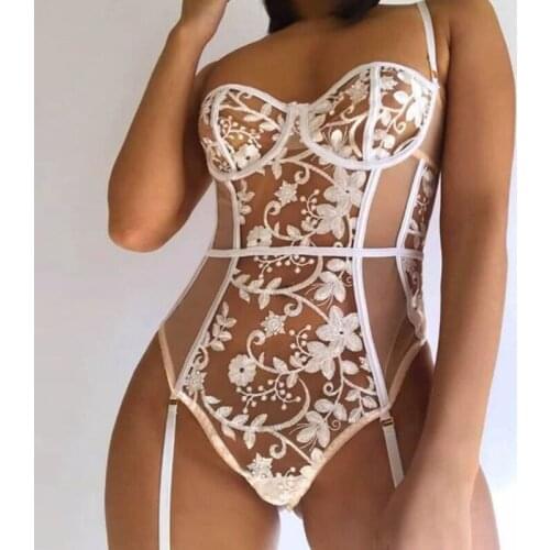 Women Teddy Sexy Lingerie Underwear Erotic Corset Lace Mesh Sleepwear Nightwear Flower Embroidered strap One-Piece Pajamas