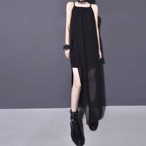 Simple Original Design Summer Yamamoto Irregular Large Black Dress Vest Sling Round Neck Chiffon Fake Two Pieces Gray Dress 193