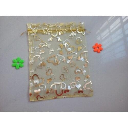 Gold heart organza bags 10*14cm 200pcs jewelry packaging display bags gifts drawstring bag pouch jewelry bag for bracelets