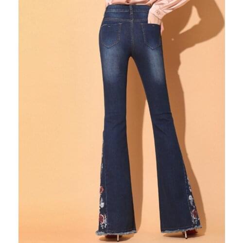 50%HOTWomen Vintage Side Slit Flare Jeans Elastic Denim Pants Bell Bottoms Trousers