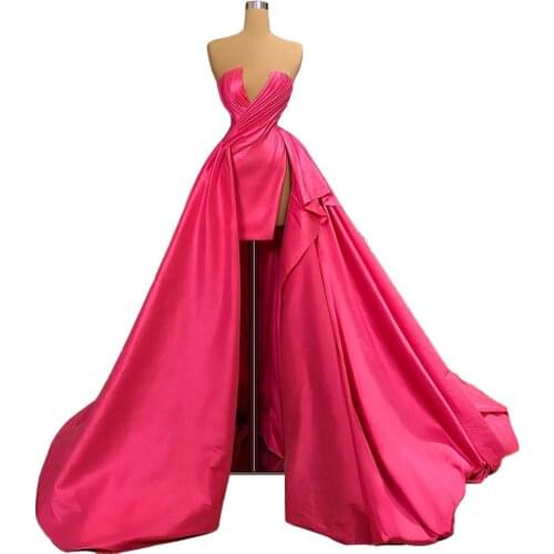 Fuchsia High-low robe de soirée de mariage V neck Evening Dresses Satin Party Dresses Women Evening
