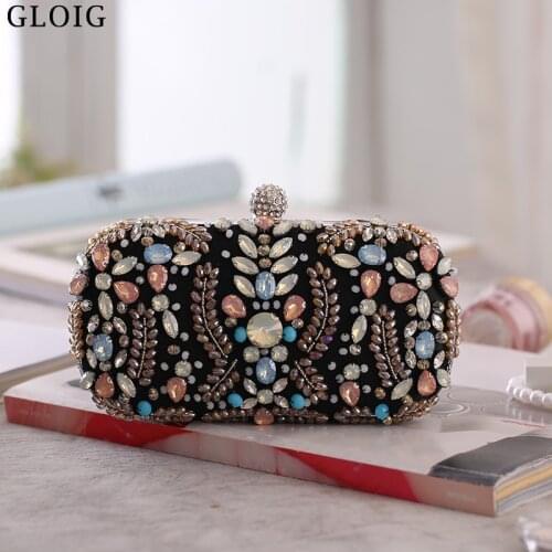 Behomian Style Crystal Women Clutch Bags Diamonds Party Black Evening Bags Embroidery Vintage Handbags