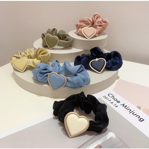 Shiny Heart-shaped Silk Hair Ties Ponytail Holders Hair Accessories Heart Shape Pearl Chiffon Bow Elastic Hair Band Wholesale