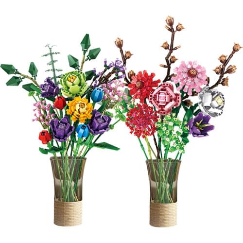 Valentines Day Bouquet Building Blocks Home Furnishing Bonsai Plant Romantic Rose Flower Model DIY Assembled Brick Girl Gift