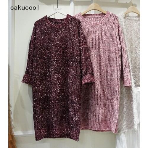 Cakucool Knitted Dress Women Long Sleeve Autumn Vestidos Embellish Casual Straight O-neck Bling Pockets Korea Long Jumpers Femme