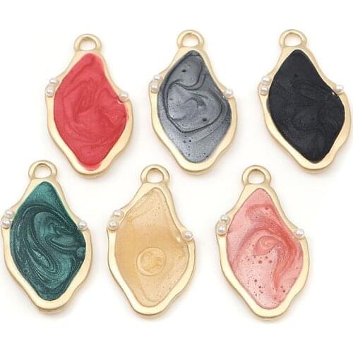 DoreenBeads Hot Fashion Zinc Based Alloy & Acrylic Charms Irregular Matt Gold Colorful Enamel Imitation Pearl 27mm x 14mm, 5PCs