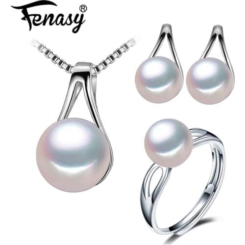 FENASY Fine Pearl Jewelry wedding engagement jewelry sets Natural Pearl pendant Necklace women/stud Earrings cute ring