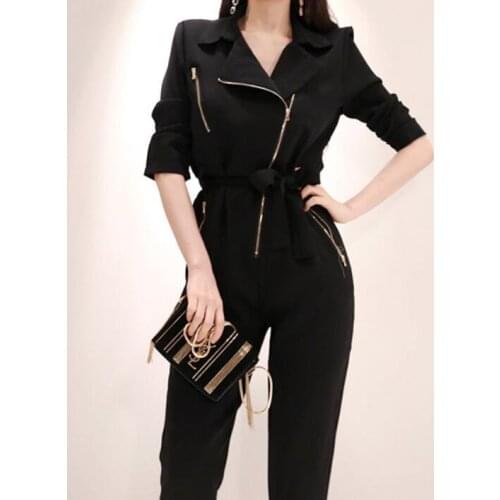 Jumpsuit Women Elegant Long Sleeve Fashion Runway Designer Zipper Romper Black Cotton Wide Leg Pants Overalls Autumn Winter 2020