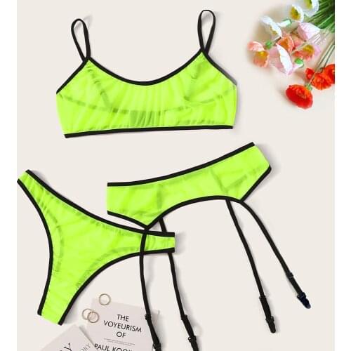 3pcs Lingerie Sexy Bra Set Womens Lace Sling Bra Thong Garter Sleepwear Sexy Tow Hook Underwear intimate Brassiere Sets