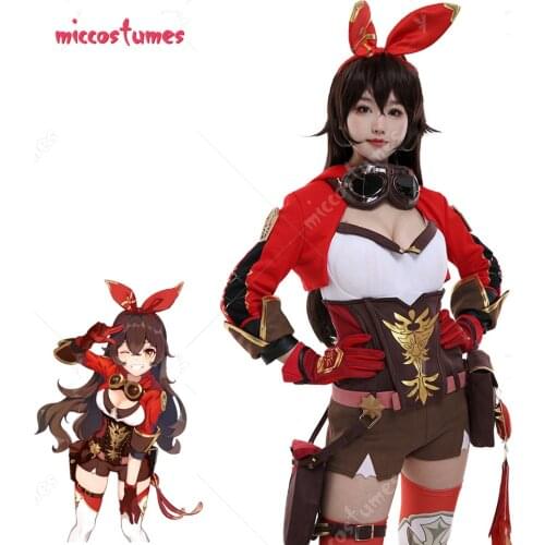 Genshin Impact Amber Knights Golden Print Suede Spliced Jumper-Like Cosplay Costume with Waist Bags and Hair Band