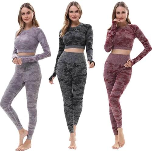 Womens Camo Sports Suit Sexy Gym Clothing Fitness Sports Outfit for Woman Camouflage Clothing Long Sleeve Top and Leggings Set