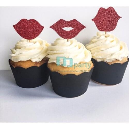 Red Glitter Lip Cupcake Toppers Valentines Cupcake Toppers Bachelorette Party Decor Bridal Shower Birthday Decor Food