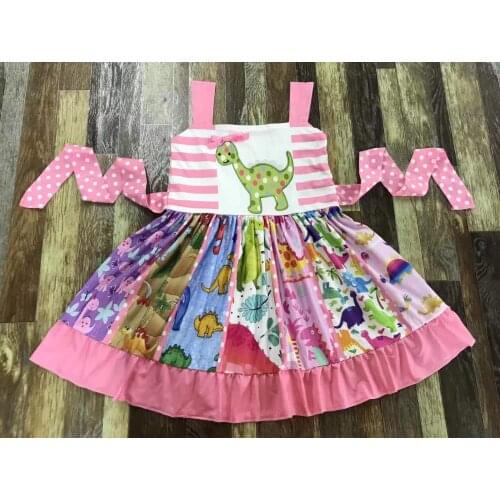 Hottest Selling Kids clothing Baby girl straps sleeveless cute polka dot dinosaur patchwork print Twirl skirt straps dress