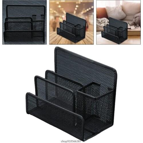 Small Desk Pen Holder Mail Organizer Black Mesh File Letter Holder with 3 Compartment Drawer Metal Mesh Desktop Storage Dropship