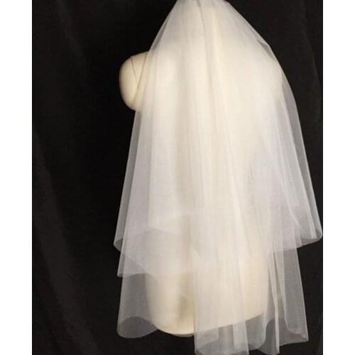 Minimalist Simple Style 2 Tier Double-Layer Women Mesh Fingertip Length Wedding Veil Plain Pleated Drape Bridal Veil With Comb