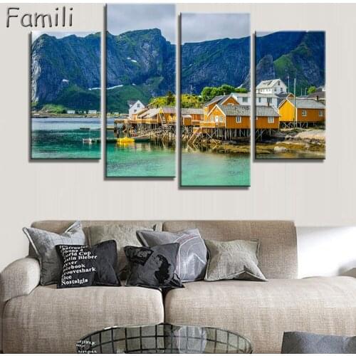 4pieces of modular landscape canvas art Norway Lofoten Coast Winter HD print on the canvas for living room modern home painting