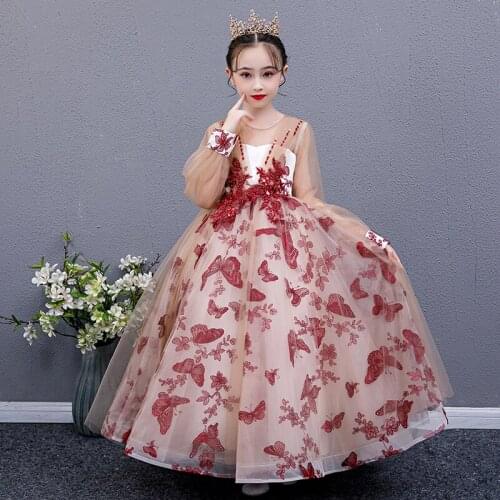 Flower Girl Dresses Illusion O-Neck Sequined Princess Floor-Length Tulle Lace Full Beading Embroidery Pleat Kids Party Gown H243