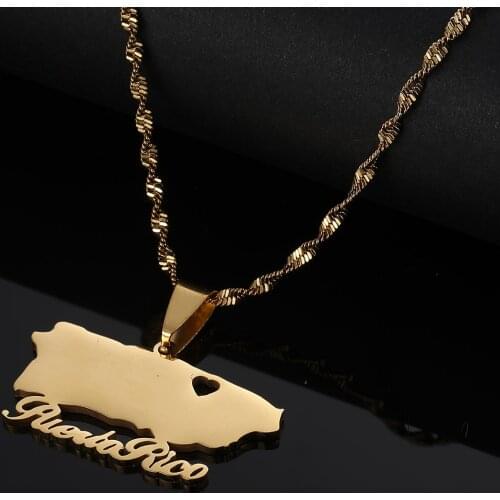 Stainless Steel Puerto Rico With Heart Map Pendant Necklace PR Puerto Ricans Jewelry