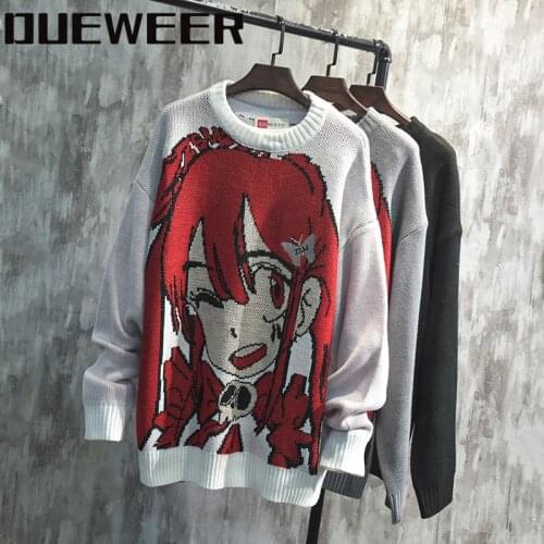 Dueweer Pullovers Sweaters Autumn Winter Cartoon Anime Men Women Harajuku Reflective Embroidery Loose Casual Knit Sweater