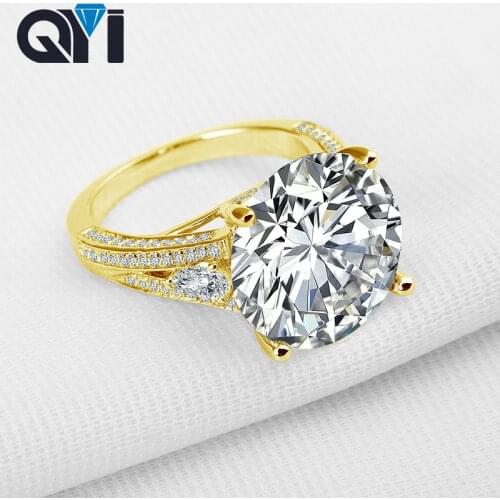 QYI 12.9 ct 14K Solid Yellow Gold Rings Round Cut Sona Simulated Diamond Engagement Ring For Wedding