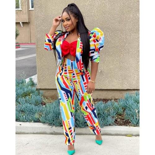 RMSFE 2021 Womens Bubble Sleeve Long Sleeve Lapel Fashion Printed Irregular Pants Two Piece Set