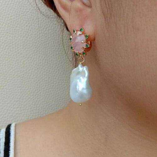 YYGEM natural Cultured White Nucleated Flameball Baroque Pearl Rose Quartz pave stud Earrings cute style for women