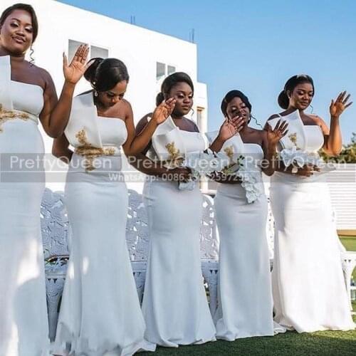 Stylish Gold Appliques White Bridesmaid Dresses Mermaid Real Photos Strapless Women Long Wedding Party Dress