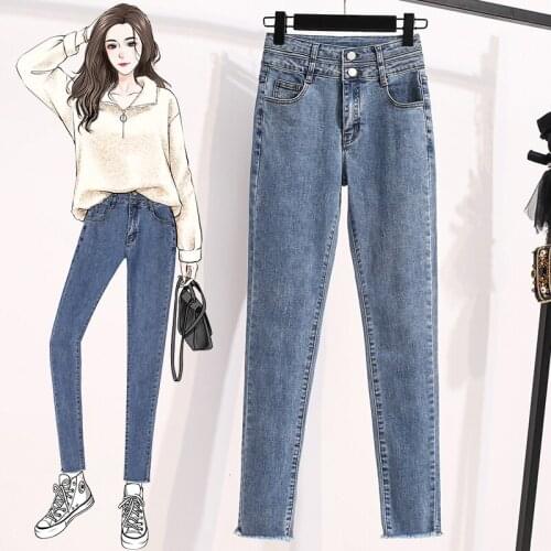 Shot light color show thin regular pencil pants spring and autumn high waist tight spring student ladies pants jeans