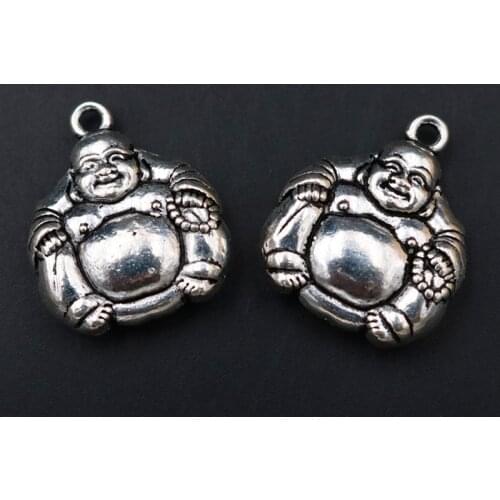 WKOUD 2pcs Silver Plated Maitreya Buddha Charm, Bracelet Charm, Necklace Charm, Smiling Buddha Charm, Amulet Pendant 26*21mm