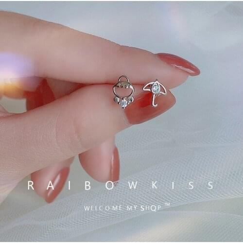 Angel Girl Stud Earrings For Women Simple Creative Umbrella Guard Asymmetry Ear Ring Hollow Geometry Zircon Crystal Lady Jewelry