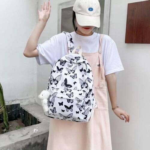 Women Graffiti Butterfly Printing Oxford Cloth Fashion Backpack Rucksacks Casual Large Capacity Shoulder Bag with Bear Pendant