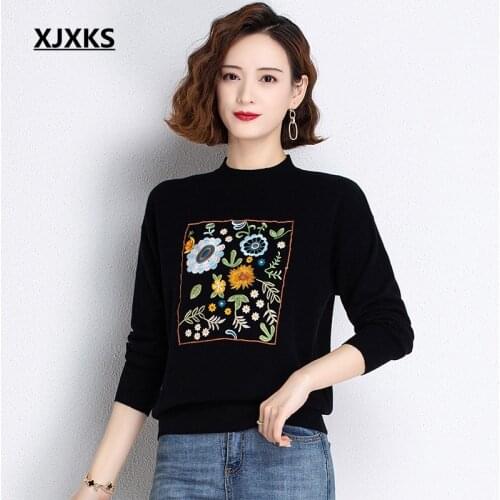 XJXKS New 2021 Embroidered Sweater Autumn / Winter 100% Wool Women Top Black Sweater Turtleneck Long Sleeve Sweaters