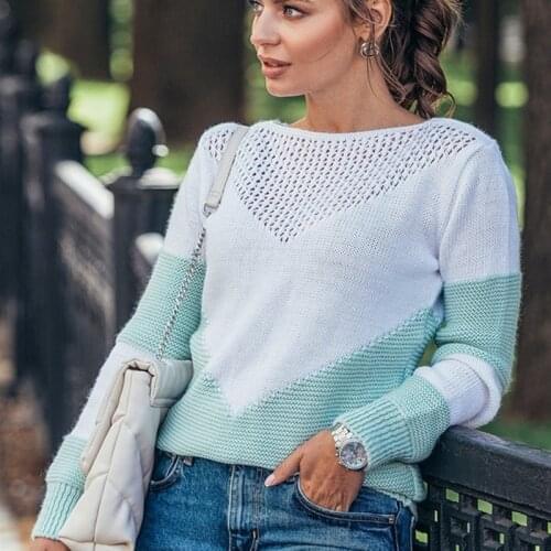 QINJOYER Autumn Winter Women Knitted Sweater Pullover Casual O-Neck Long Sleeve Pullover Women Patchwork Sweaters Jerseys Mujer