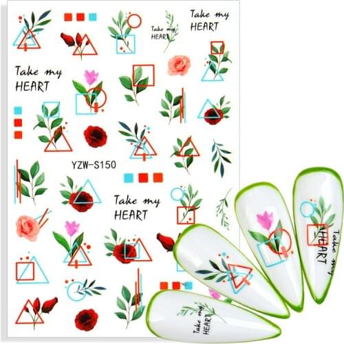 1pc Green Leaf Summer Nail Sticker English Gothic Butterfly Adhesive Sliders Nail Decoration Manicure Geometry Flower Design