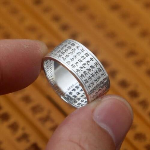 100% 990 Silver Buddhist Heart Sutra Ring Solid pure Silver Ring Good Luck Ring Unisex Lovers
