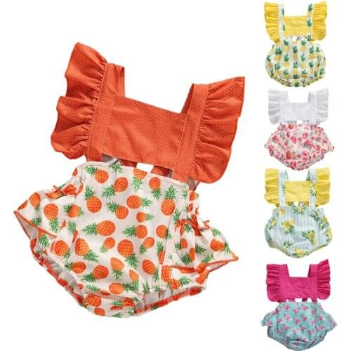 2020 Baby Girl Summer Clothing Suit Short Flare Sleeve Pullover Romper Lemon Pineapple Flamingo Square Collar Kids Clothing