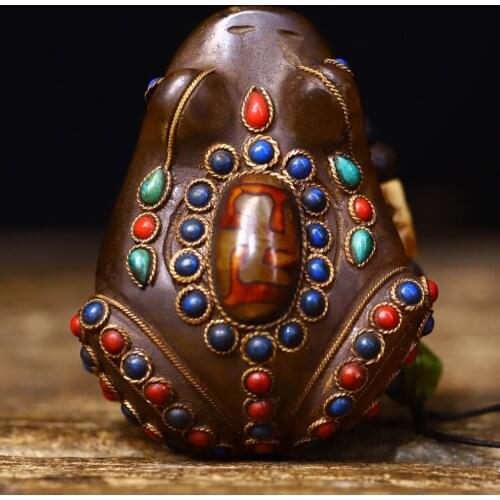 3"Tibet temple Old Natural agate Filigree mosaic Gem Dzi Bead Toad Lucky Frog Pendant Amulet Town House Exorcism