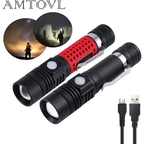 AMTOVL USB Rechargeable Led flashlight Ultra Bright torch Mini T6 Camping light 4 switch Modes waterproof Zoomable Bicycle Light