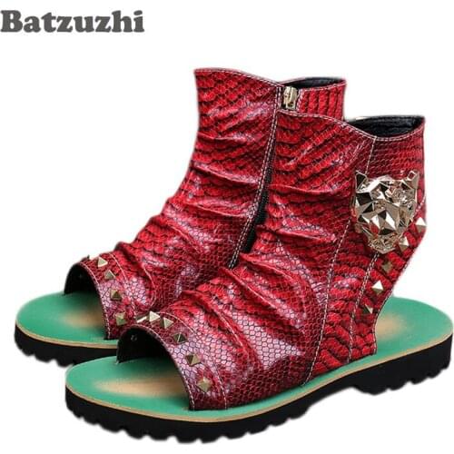 BATZUZHI Punk Men Sandals Snake Pattern Leather Gladiators Rivets Studded Summer Ankle Men Boots Sandalias Open Toe Flats, US12